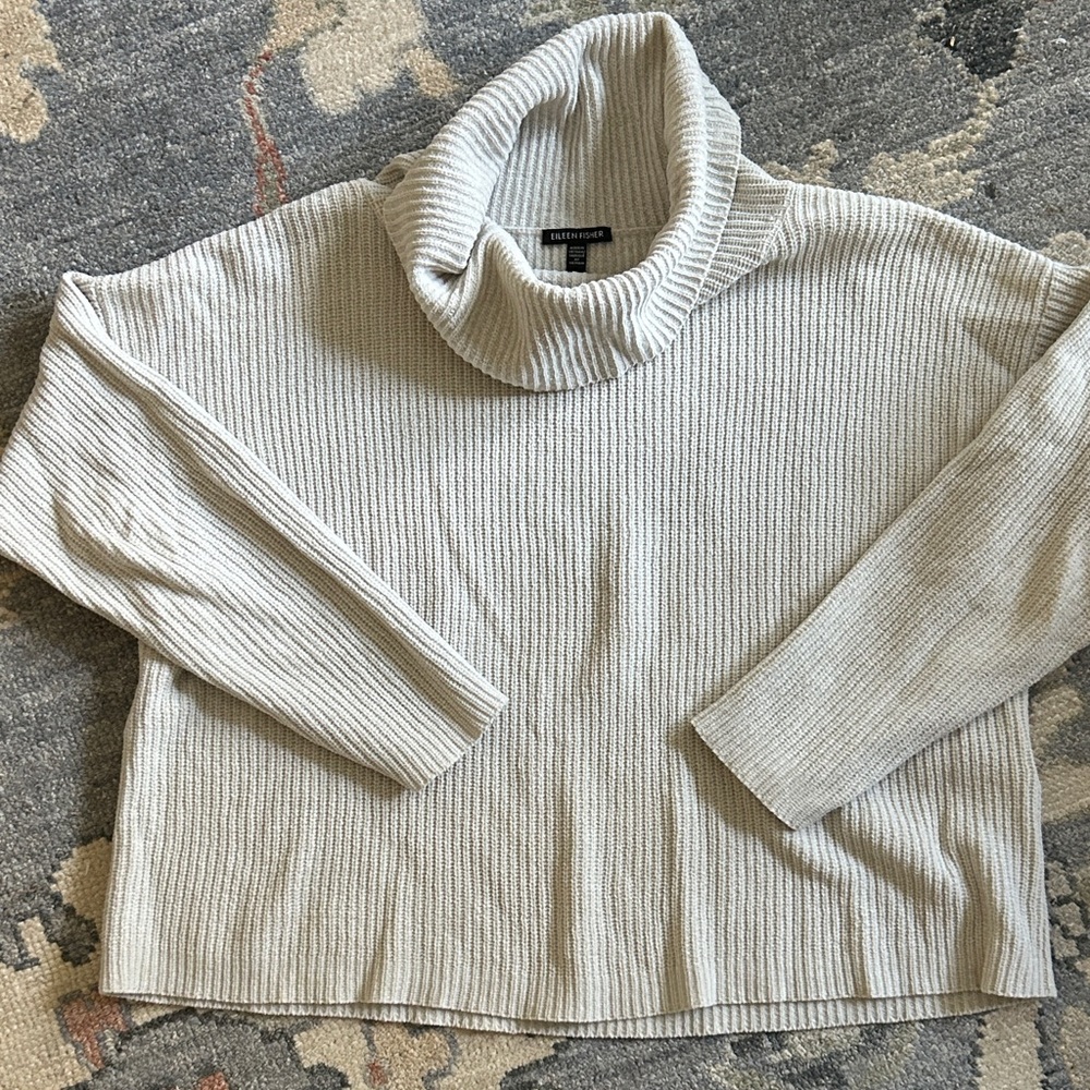 Eileen Fisher Cream Ribbed Cowl Neck Sweater